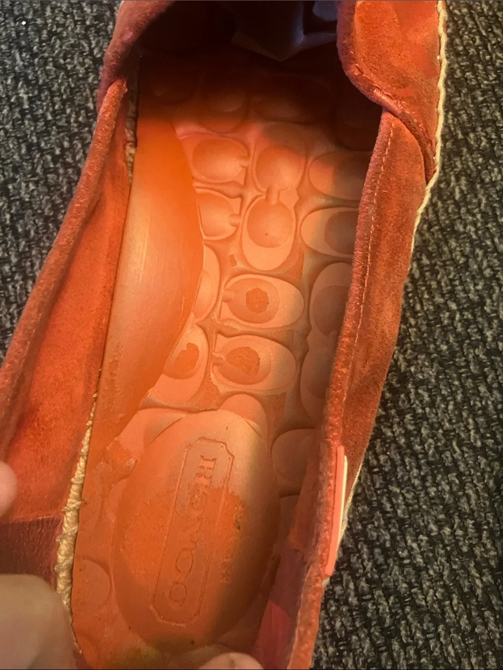 Coach “June” espadrille loafers red/coral suede upper signature logo 9.5